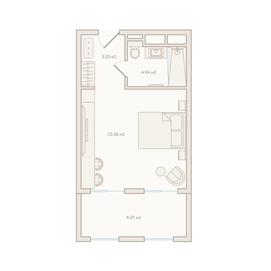 Планировка 1-комнатной квартиры №1038, 41,4 м²