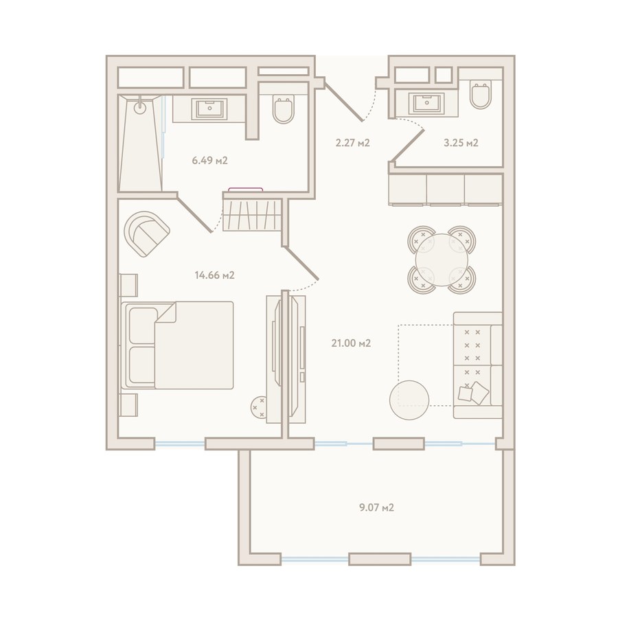 Планировка 2-комнатной квартиры №1028, 56,8 м²