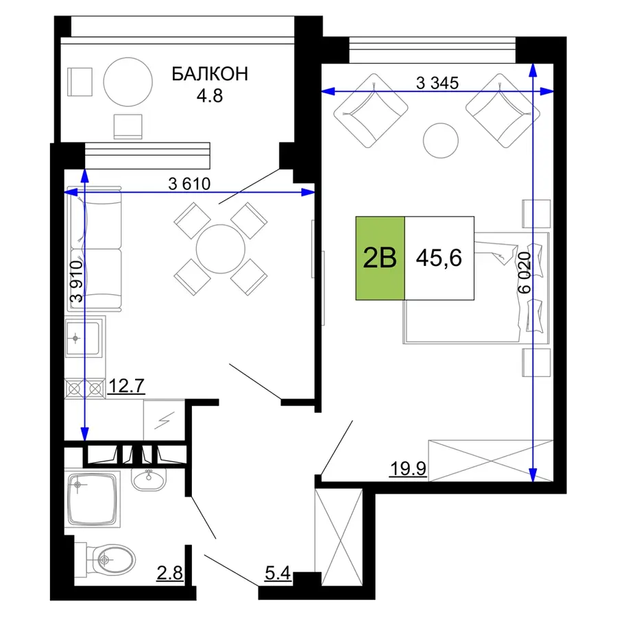 Планировка 2В, 45,6 м²