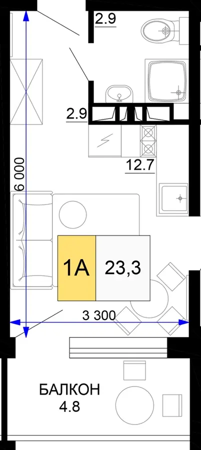Планировка студии 1А, 23,3 м²