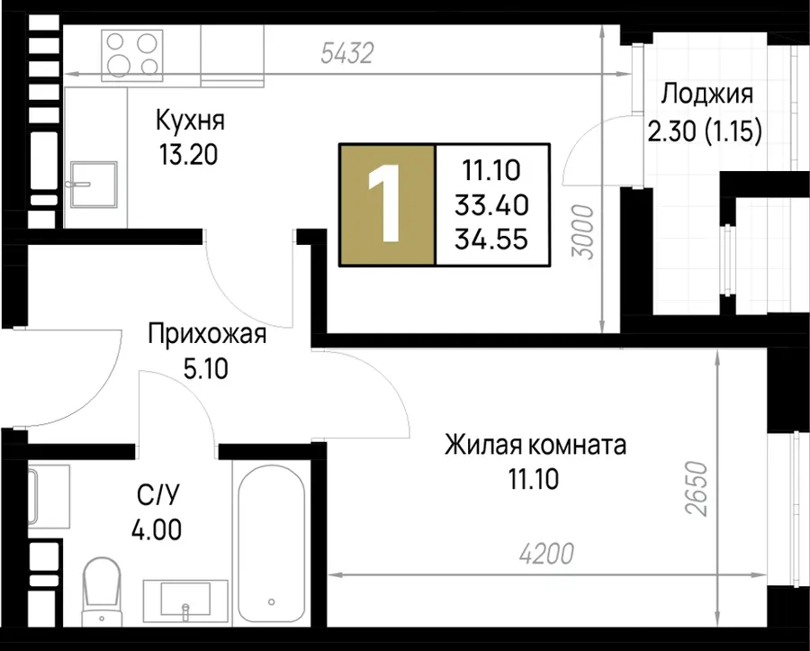 Планировка 1-комнатная квартиры, 34,55 м²